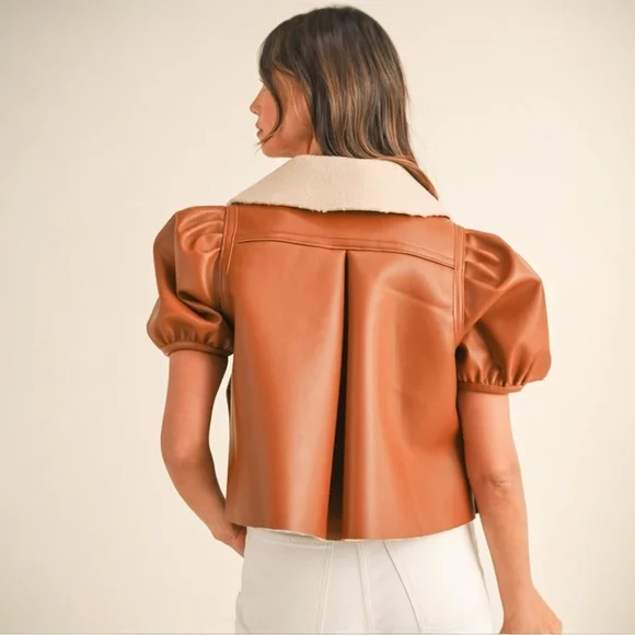 Shearling Lined Camel Puff Sleeve Cropped Leather Jacket with Peter Pan Collar - Picture 5 of 10